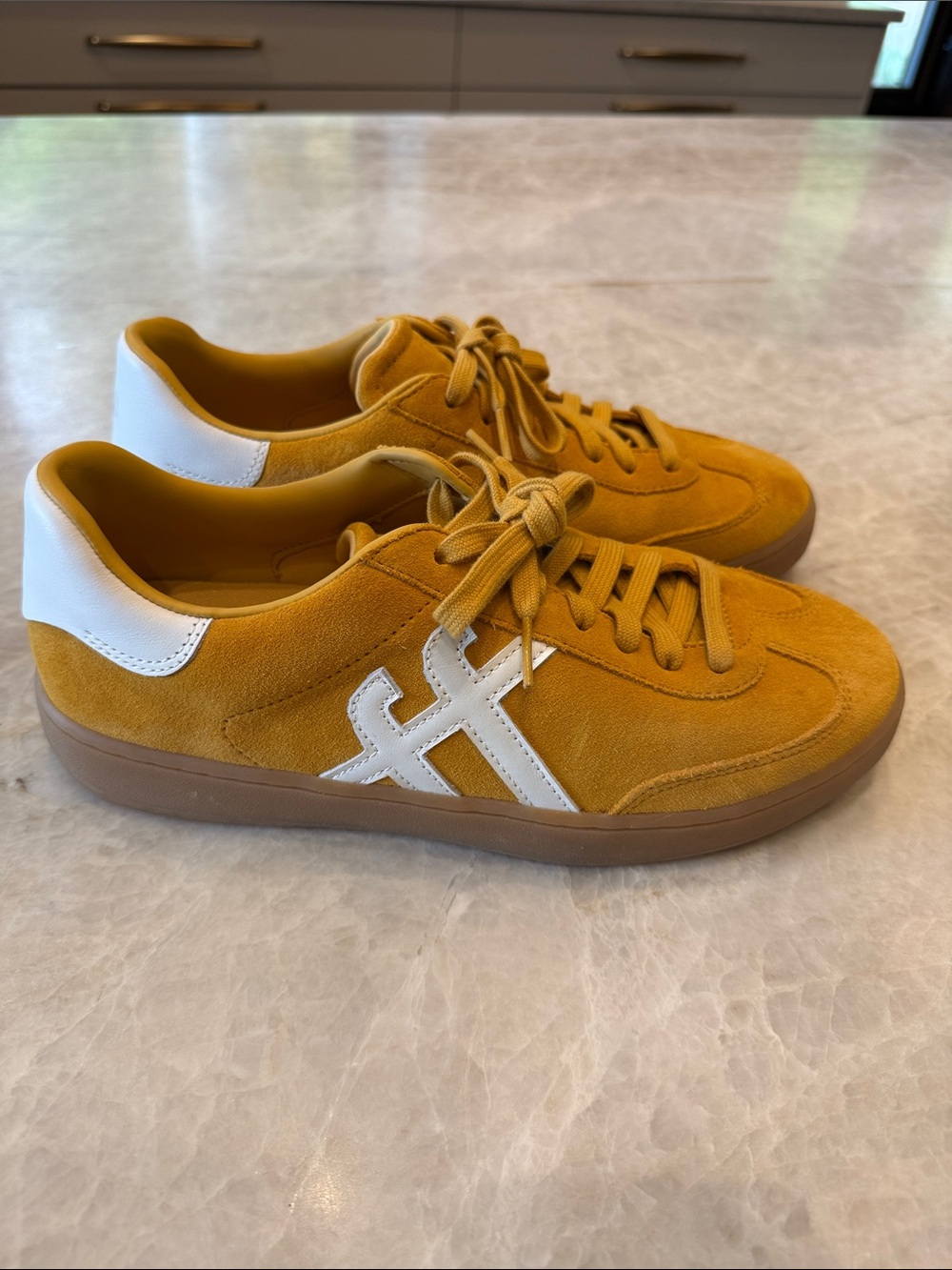 FitFlop Women’s Mustard Suede Dash Sneakers with White Accents